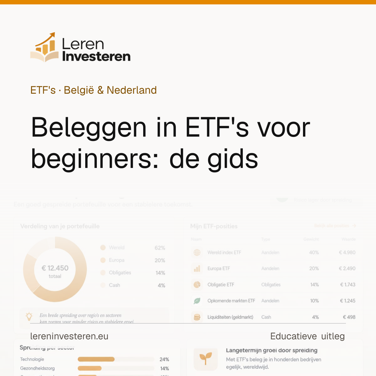Beleggen in ETF's voor beginners: de complete gids — educatieve illustratie voor beleggers in België en Nederland
