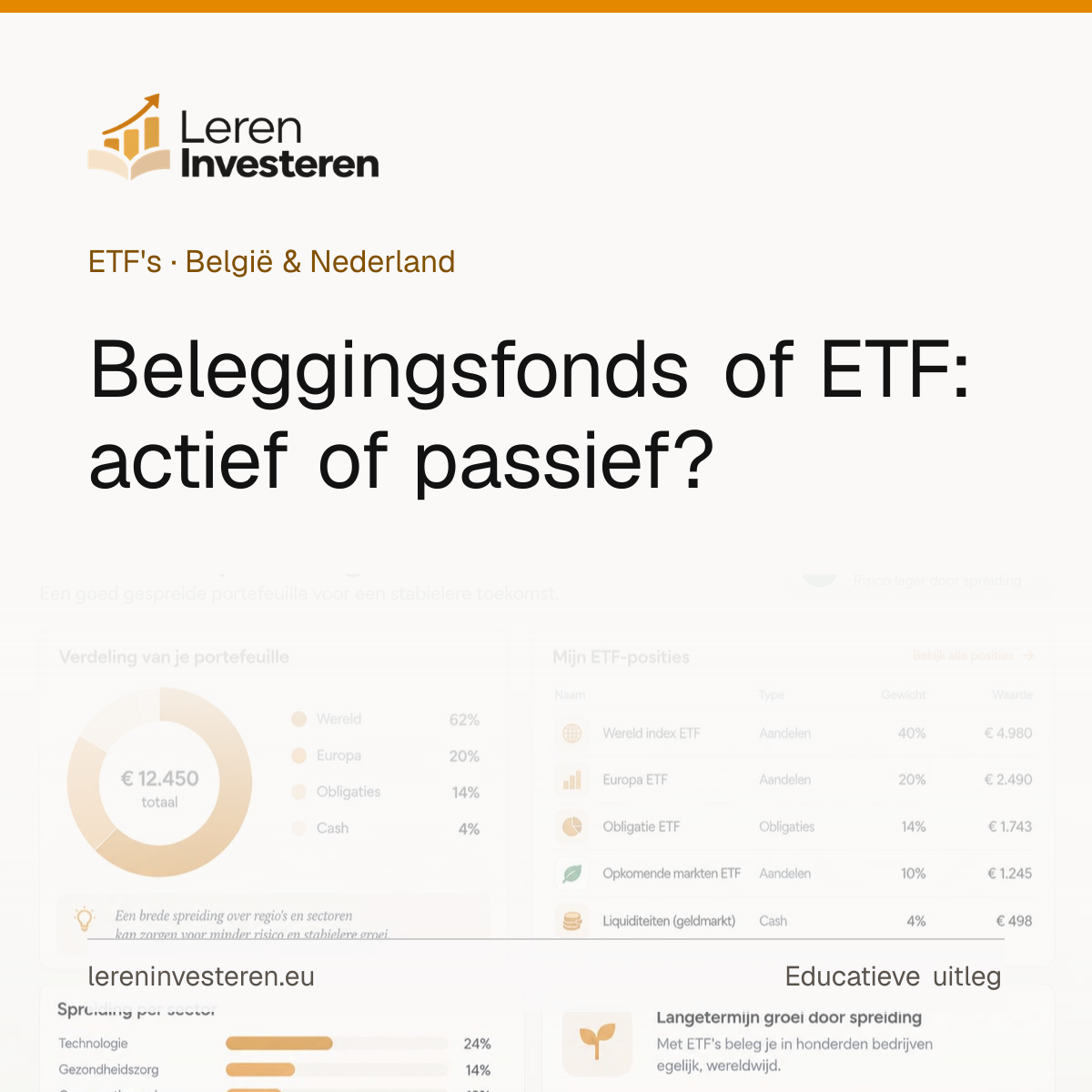 Beleggingsfonds of ETF: actief versus passief beleggen — educatieve illustratie voor beleggers in België en Nederland
