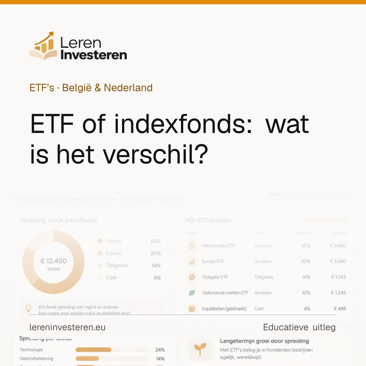 Wat is het verschil tussen een ETF en een indexfonds? — educatieve illustratie voor beleggers in België en Nederland