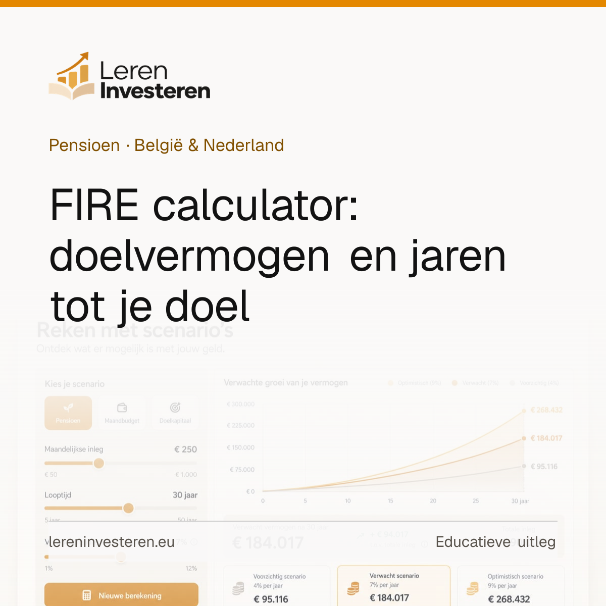 FIRE calculator: bereken hoeveel geld je nodig hebt om te stoppen met werken — educatieve illustratie voor beleggers in België en Nederland