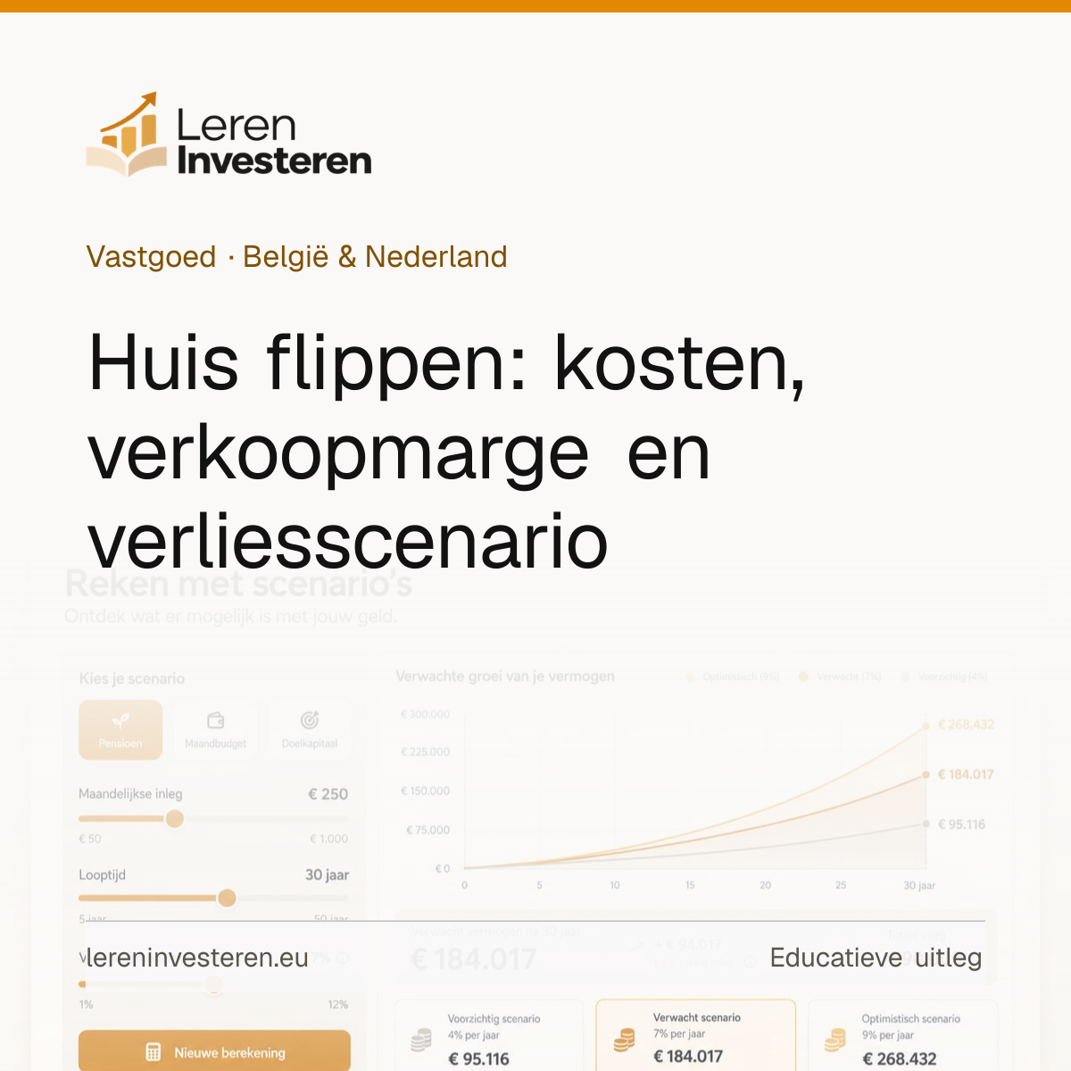 Huis flippen: kopen renoveren en verkopen — educatieve illustratie voor beleggers in België en Nederland