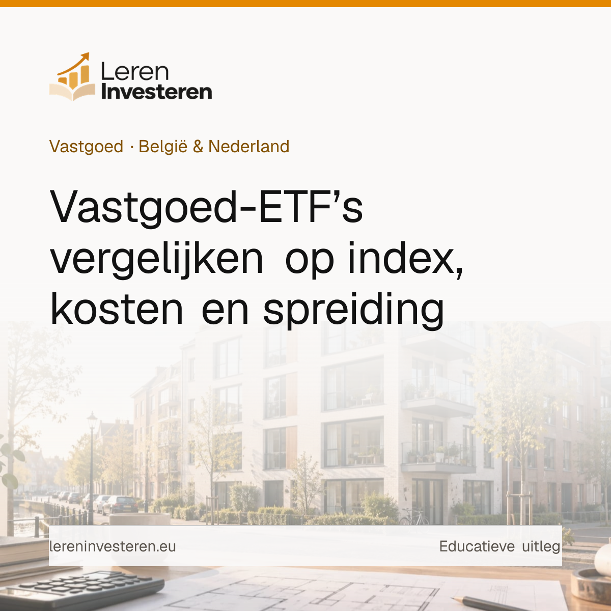 Vastgoed-ETF’s vergelijken op index en kosten — educatieve illustratie voor beleggers in België en Nederland